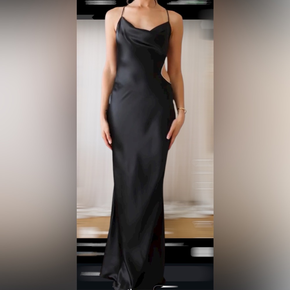 New Black Satin  Long  Dress